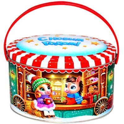 Детский новогодний подарок в жестяной упаковке весом 600 грамм 